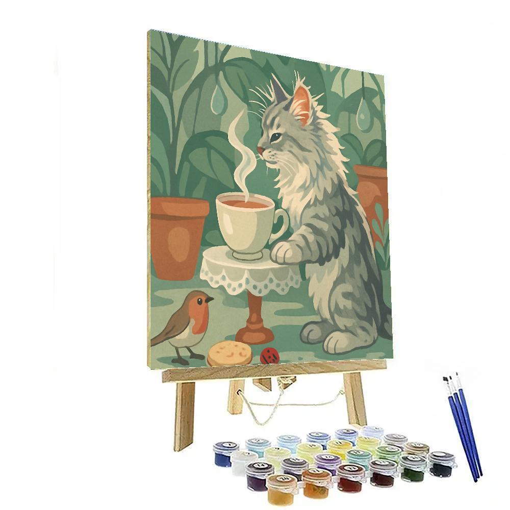 Garden Tea Table With Cat Visitor painting number kit