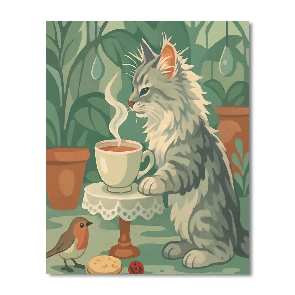 Garden Tea Table With Cat Visitor painting number kit