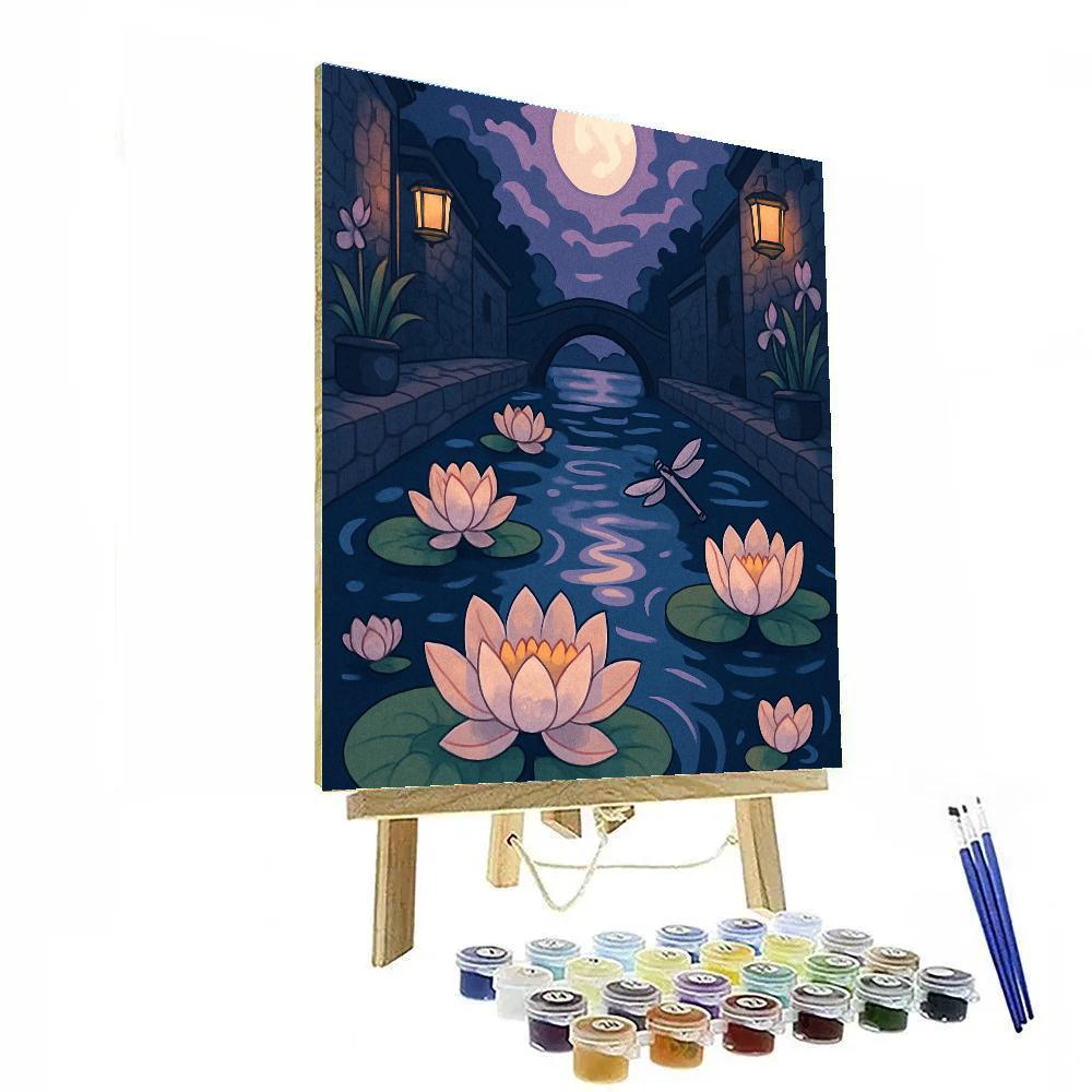 Midnight Canal With Floating Flowers Painting by numbers kit