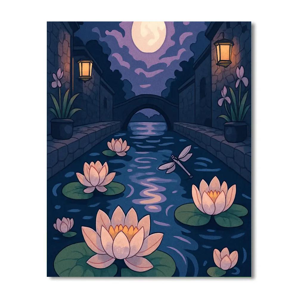 Midnight Canal With Floating Flowers Painting by numbers kit