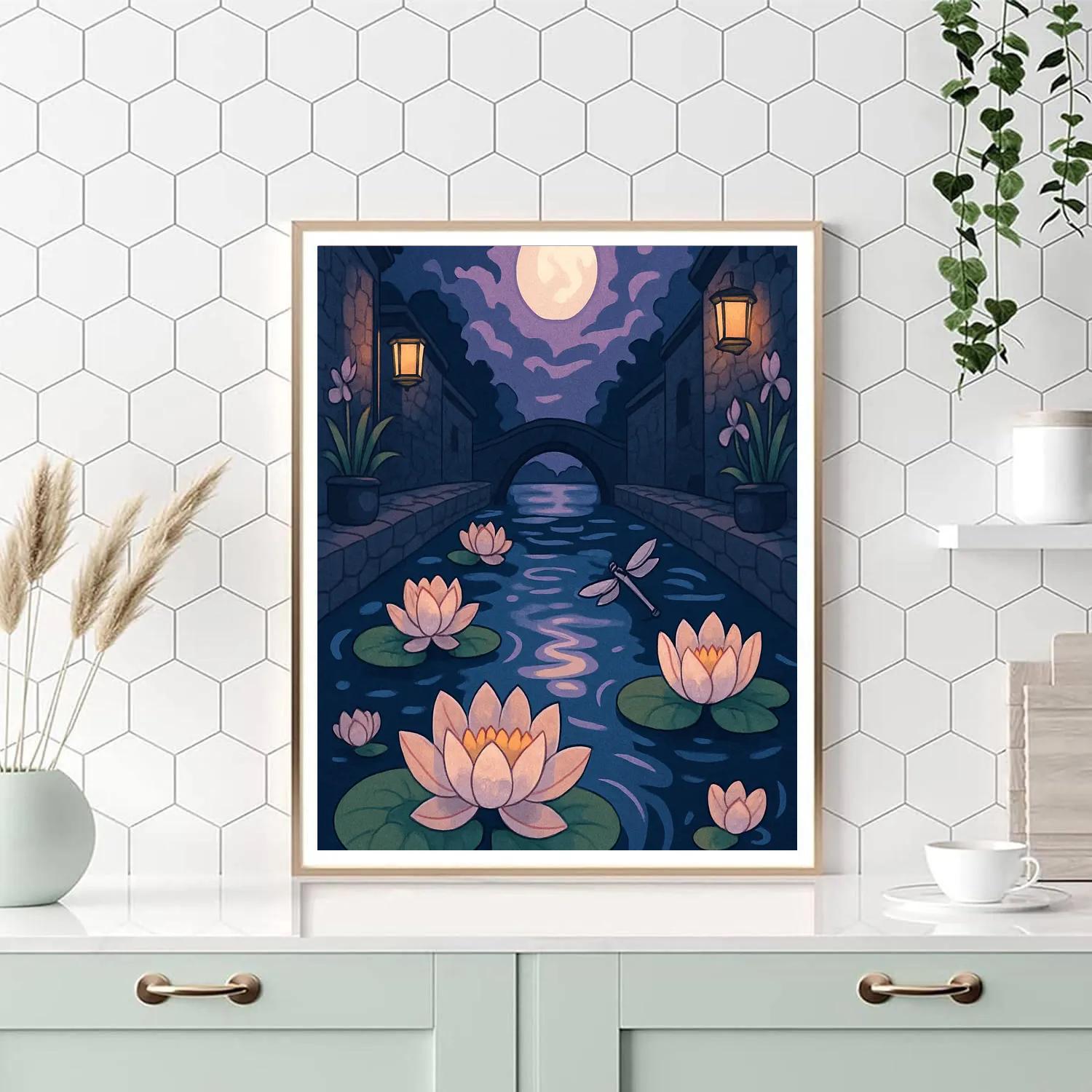 Midnight Canal With Floating Flowers Painting by numbers kit