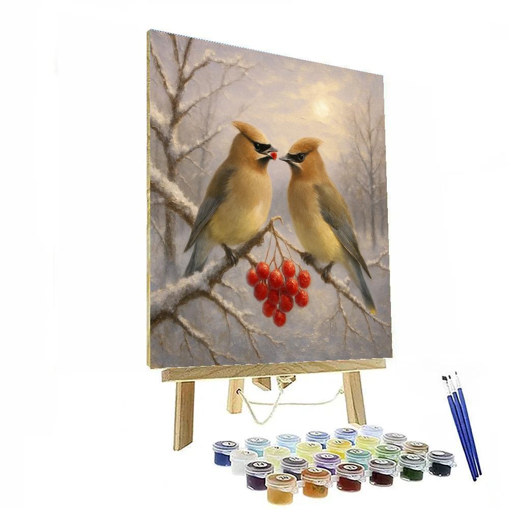 Two Waxwings In A Frosted Berry Orchard painting number kit