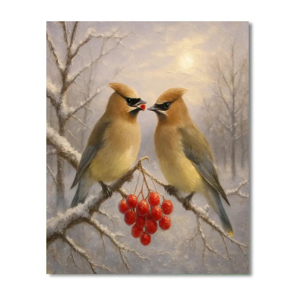 Two Waxwings In A Frosted Berry Orchard painting number kit