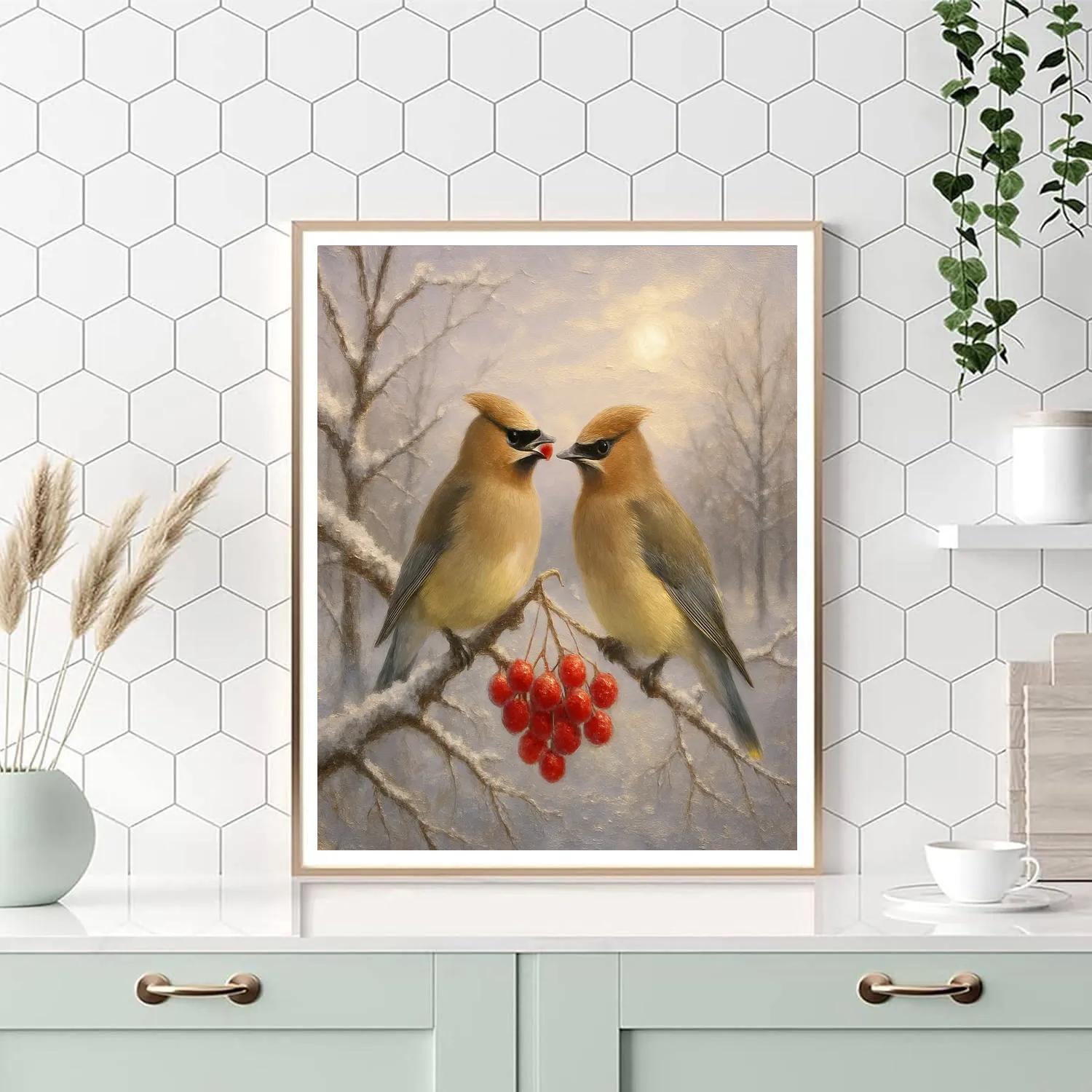 Two Waxwings In A Frosted Berry Orchard painting number kit