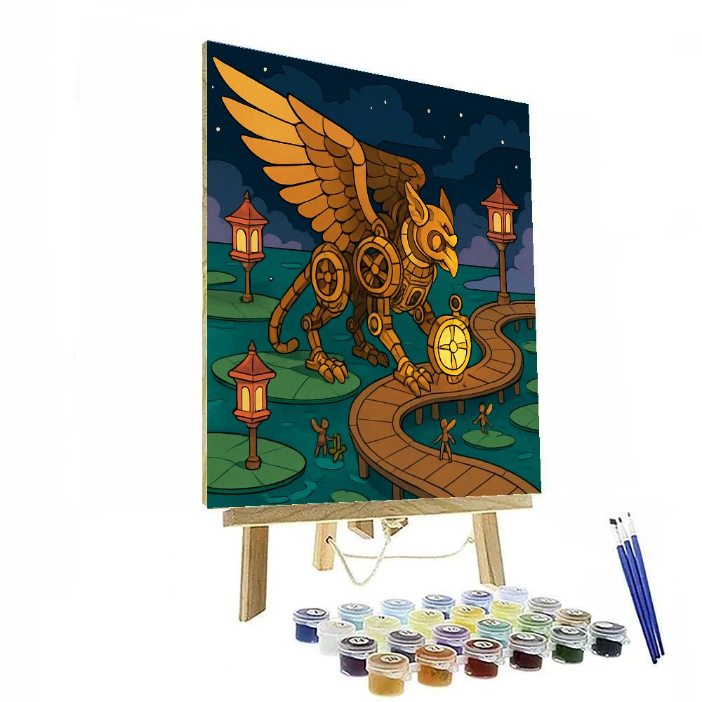 Fantasy-Lit Clockwork Gryphon Harbor Number painting