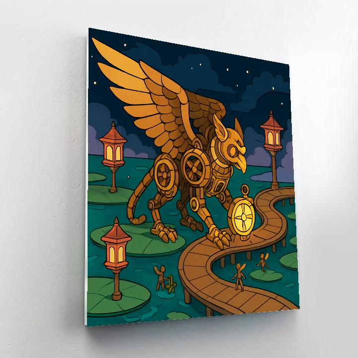 Fantasy-Lit Clockwork Gryphon Harbor Number painting