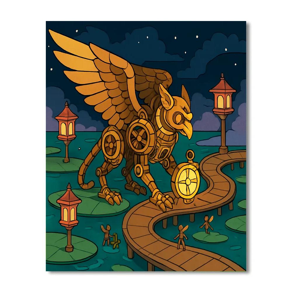 Fantasy-Lit Clockwork Gryphon Harbor Number painting