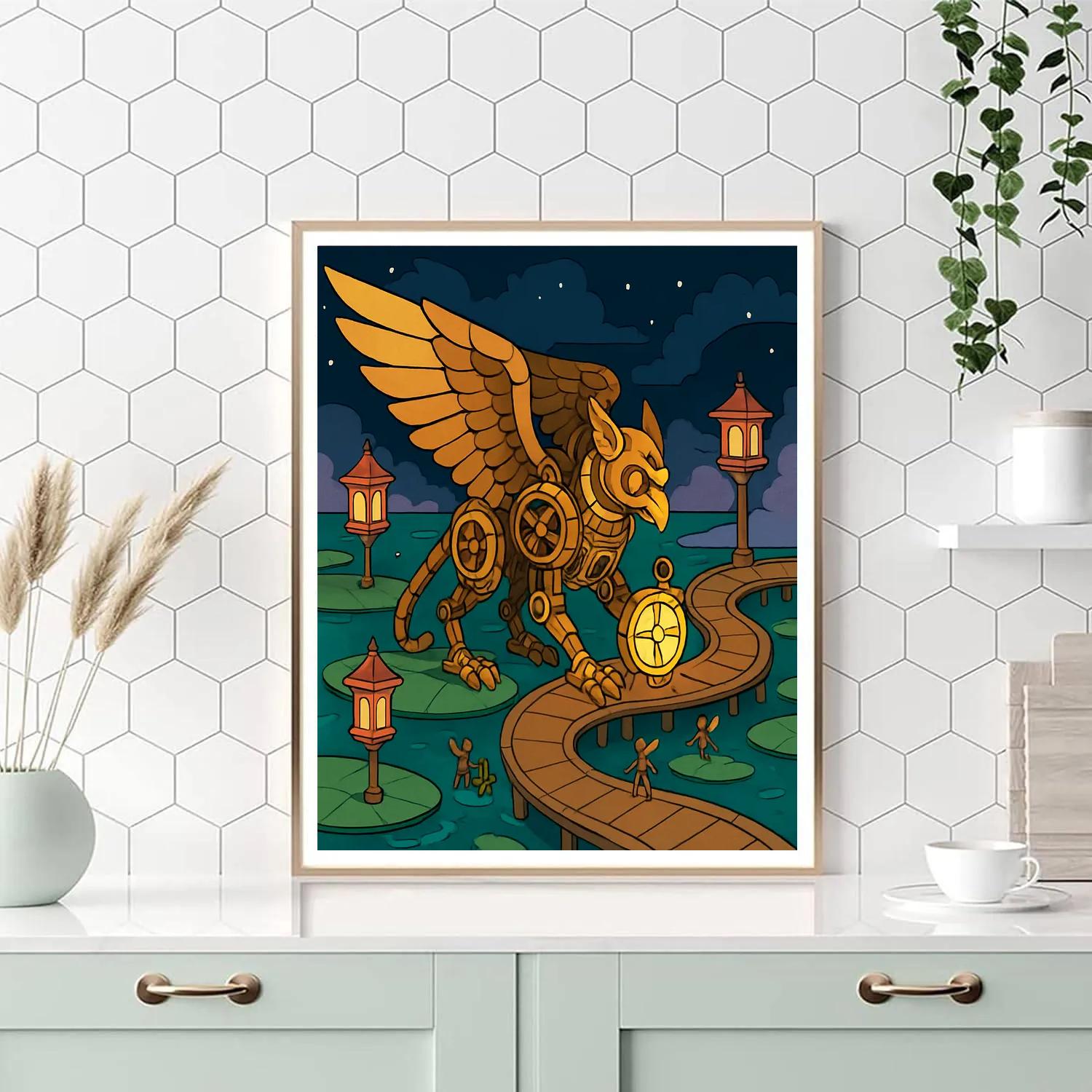 Fantasy-Lit Clockwork Gryphon Harbor Number painting