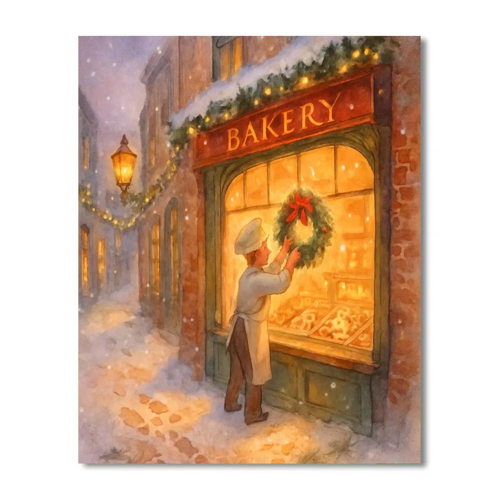 Candlelit Bakery Window Snowglobe Street paint by color