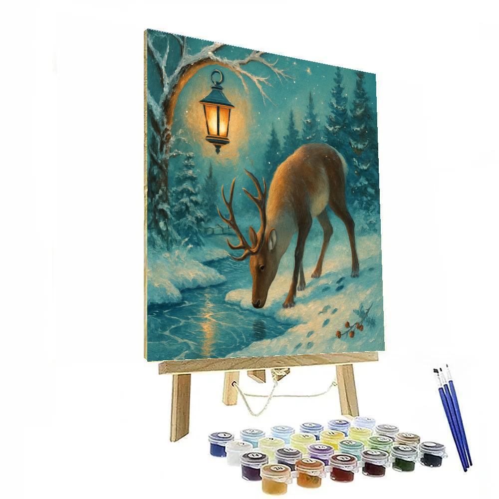 Reindeer Pause At The Frozen Creek Lantern Crossing Numbered painting kits