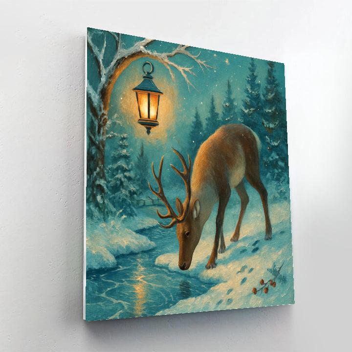 Reindeer Pause At The Frozen Creek Lantern Crossing Numbered painting kits