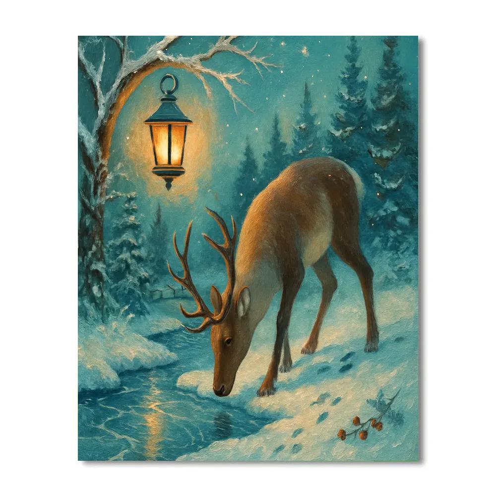 Reindeer Pause At The Frozen Creek Lantern Crossing Numbered painting kits