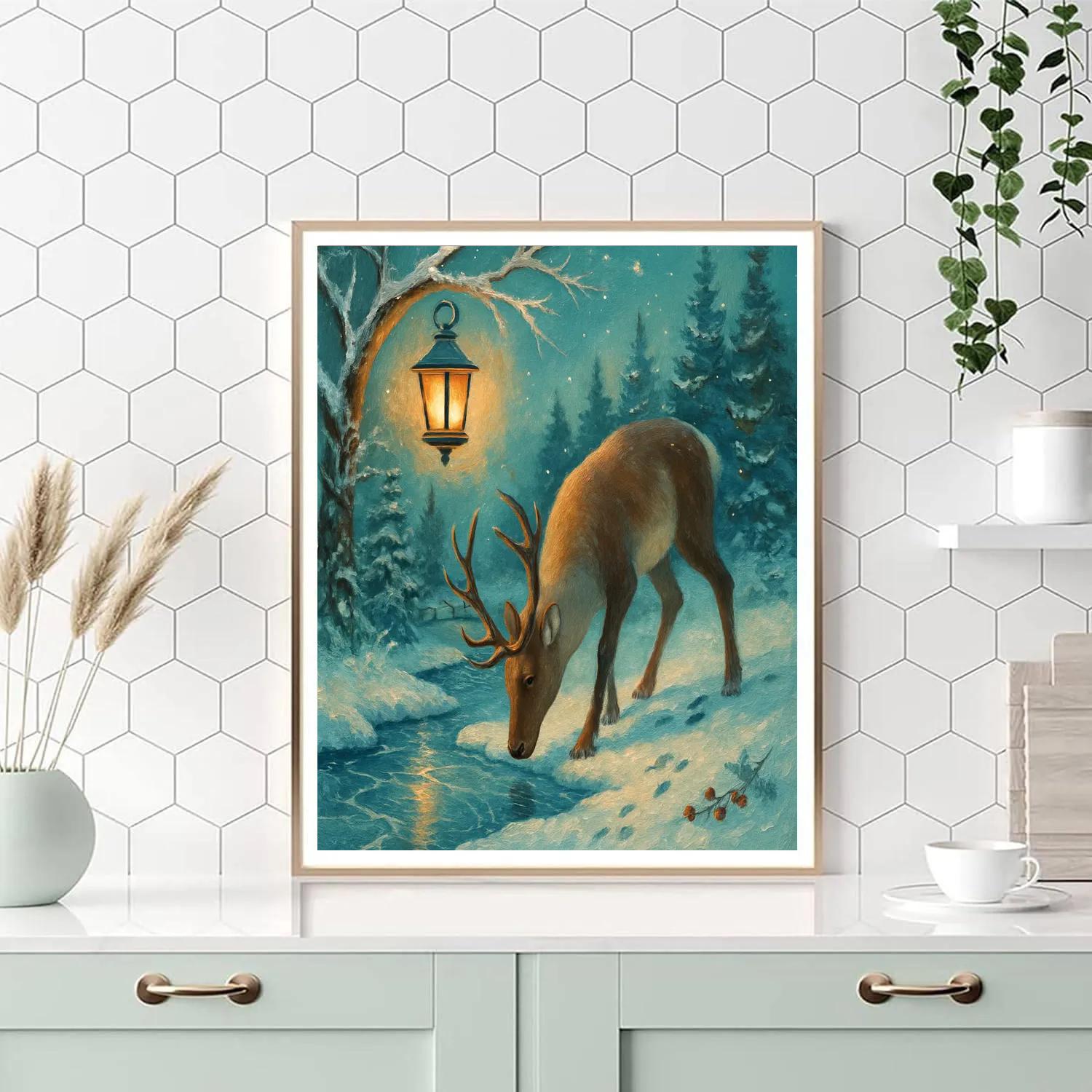 Reindeer Pause At The Frozen Creek Lantern Crossing Numbered painting kits
