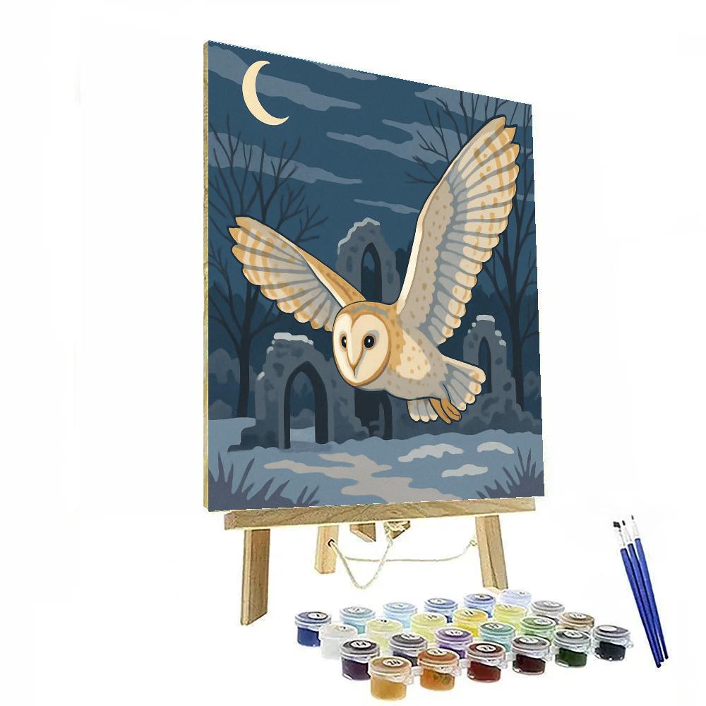 Silent Flight Over Frosted Ruins Owl paint by number
