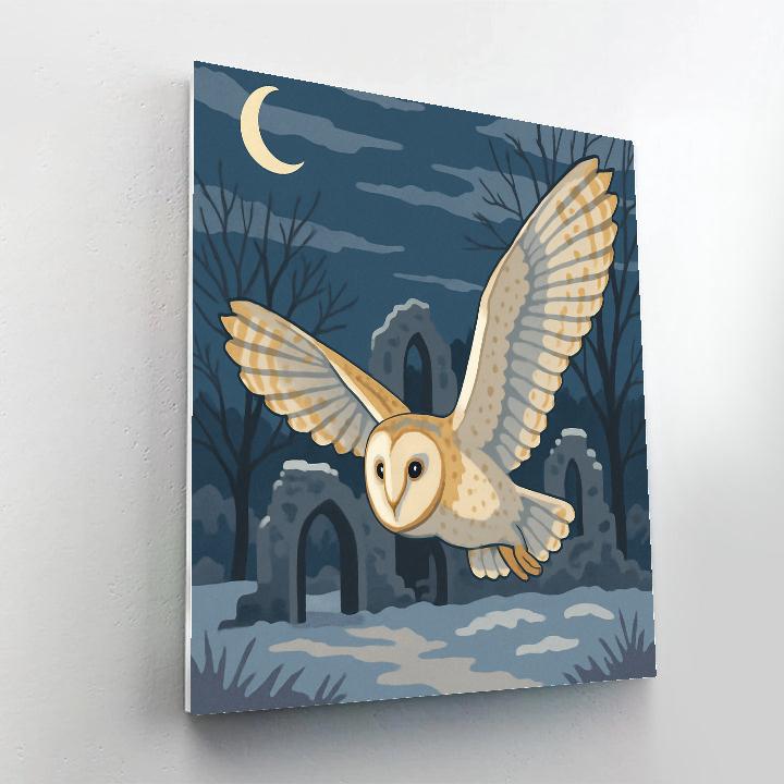 Silent Flight Over Frosted Ruins Owl paint by number
