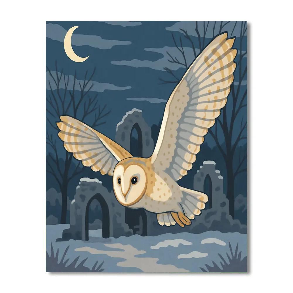 Silent Flight Over Frosted Ruins Owl paint by number