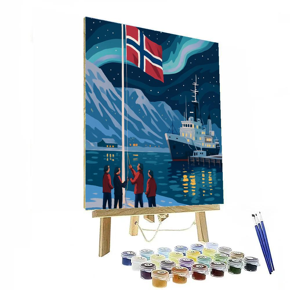 Aurora National Flag Raising At Svalbard Harbor paint by color