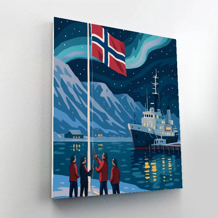Aurora National Flag Raising At Svalbard Harbor paint by color