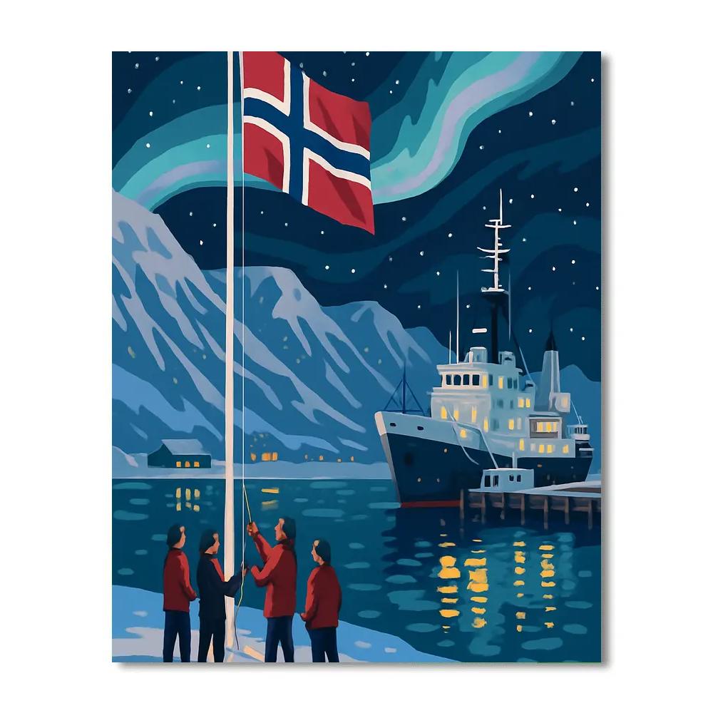 Aurora National Flag Raising At Svalbard Harbor paint by color
