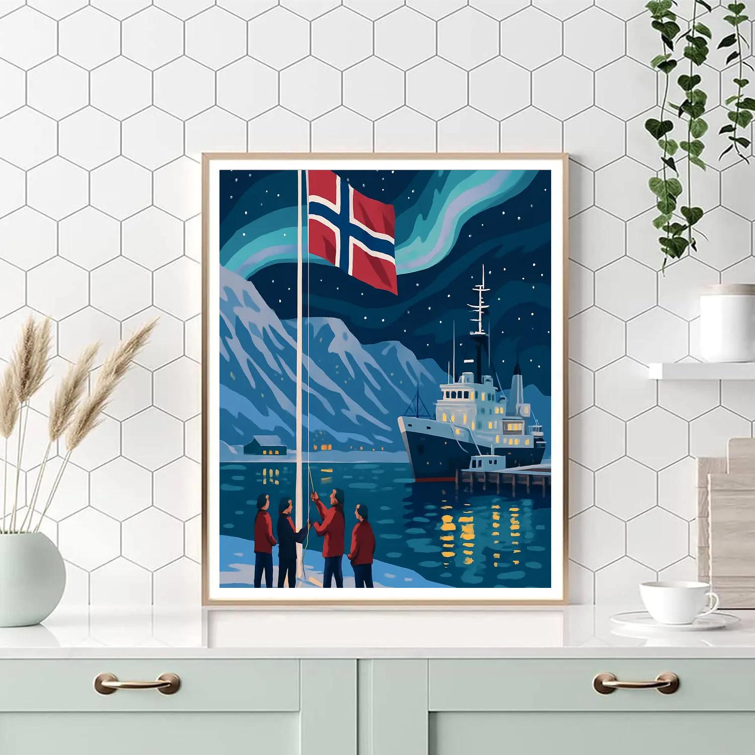 Aurora National Flag Raising At Svalbard Harbor paint by color