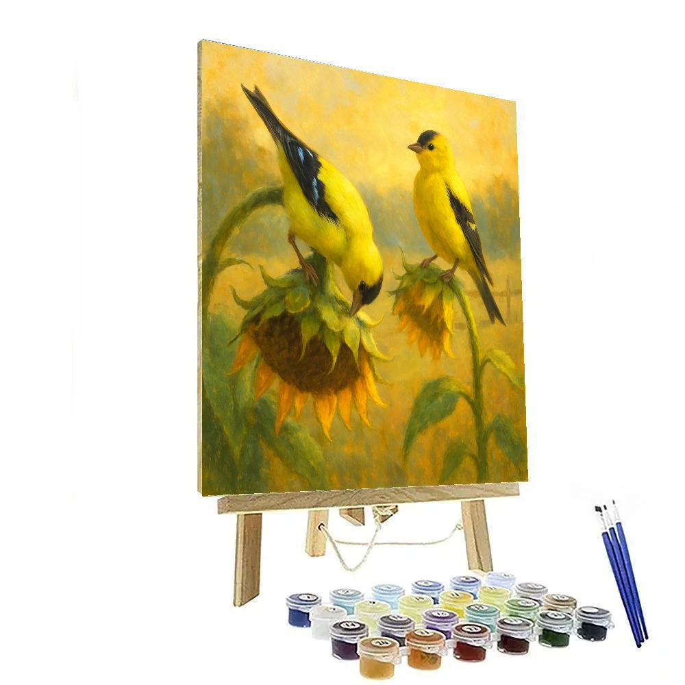 Goldfinch Pair In A Late Summer Sunflower Patch paint by number