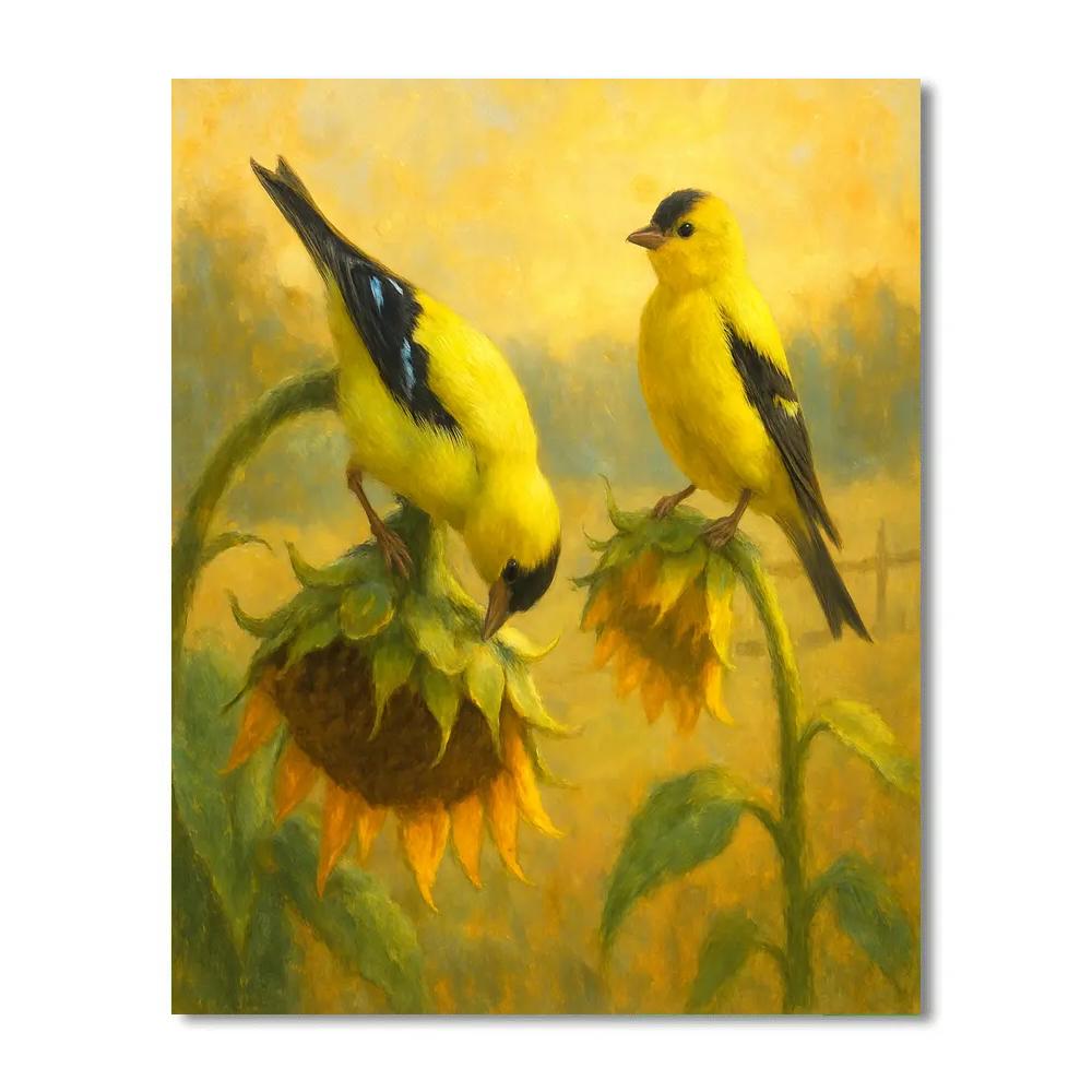Goldfinch Pair In A Late Summer Sunflower Patch paint by number