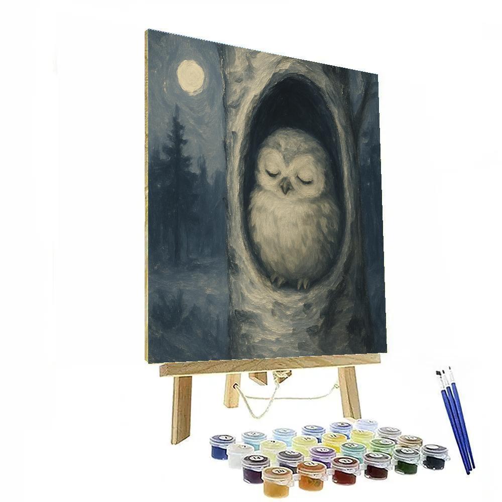 Owlet In The Hollow Birch With Moonlight Shimmer DIY paint by numbers