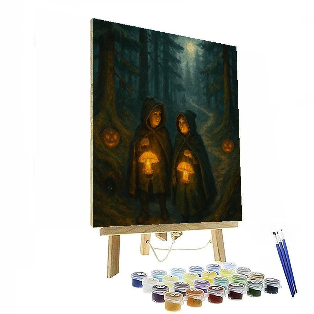 Mushroom Lantern Hike Through Enchanted Pines Number painting