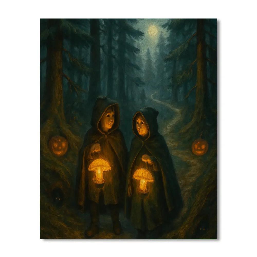 Mushroom Lantern Hike Through Enchanted Pines Number painting