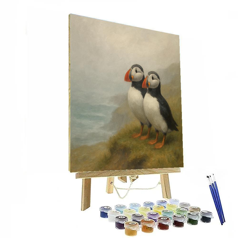 Puffins On A Coastal Cliff In Soft Sea Fog paint by numbers