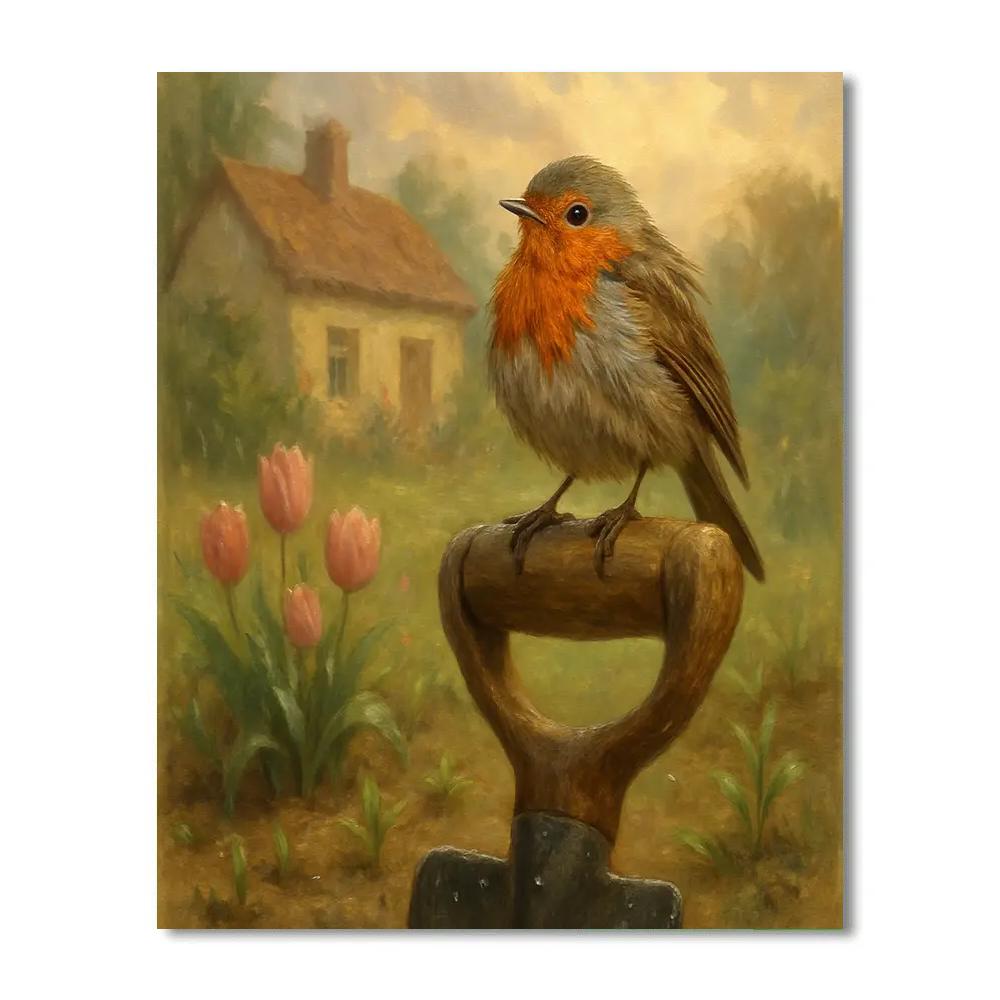 Robin On The Garden Spade After Spring Rain painting number kit