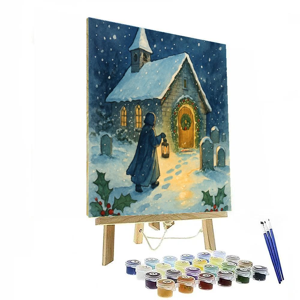 Silent Churchyard With Lantern Snowfall Paint by numbers art
