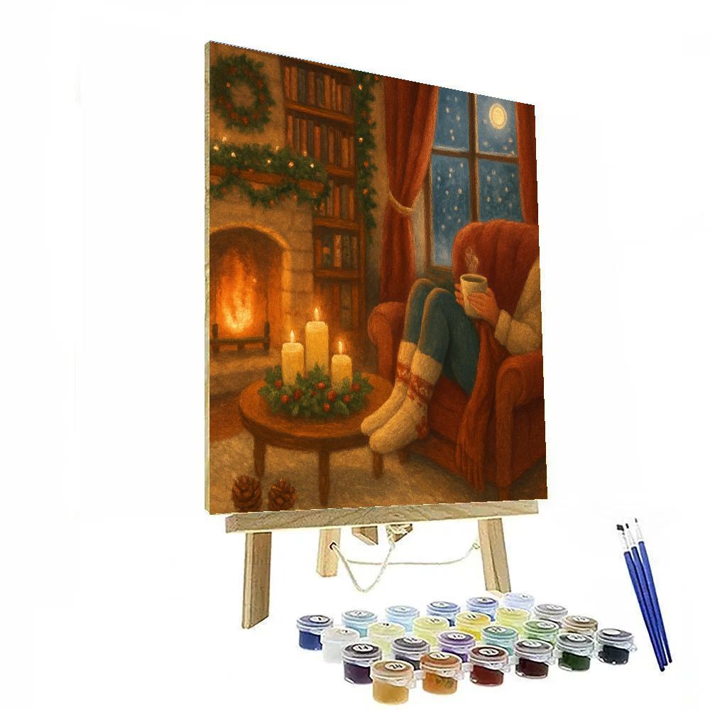 Winter Library Nook With Fireplace Glow Paint by numbers art