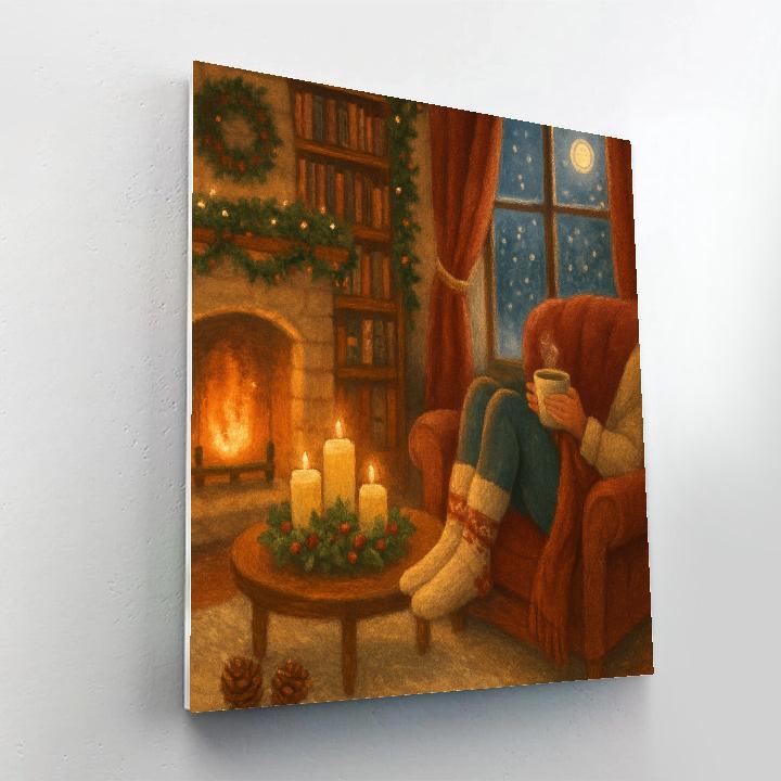 Winter Library Nook With Fireplace Glow Paint by numbers art
