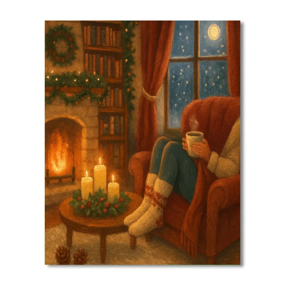 Winter Library Nook With Fireplace Glow Paint by numbers art