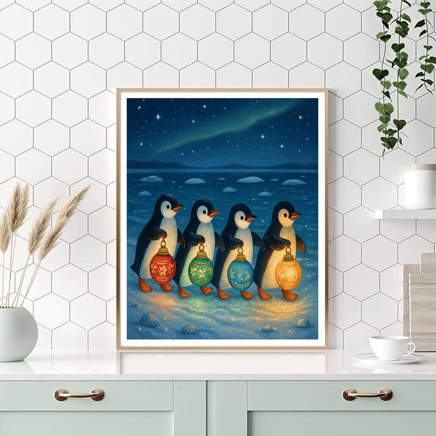 Penguin Parade With Ornament Lanterns paint by color