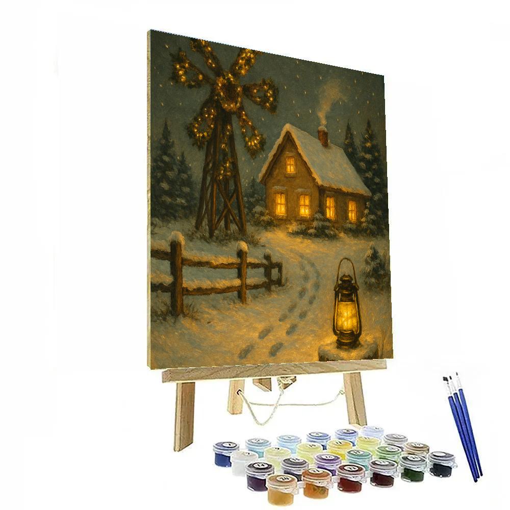 Cozy Farmhouse With Wreath Lit Windmill paint by color