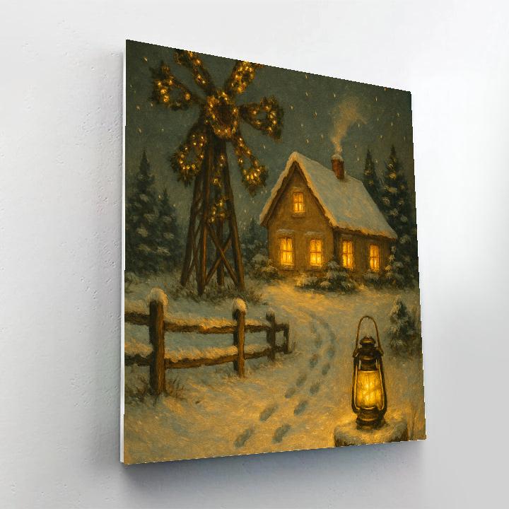 Cozy Farmhouse With Wreath Lit Windmill paint by color