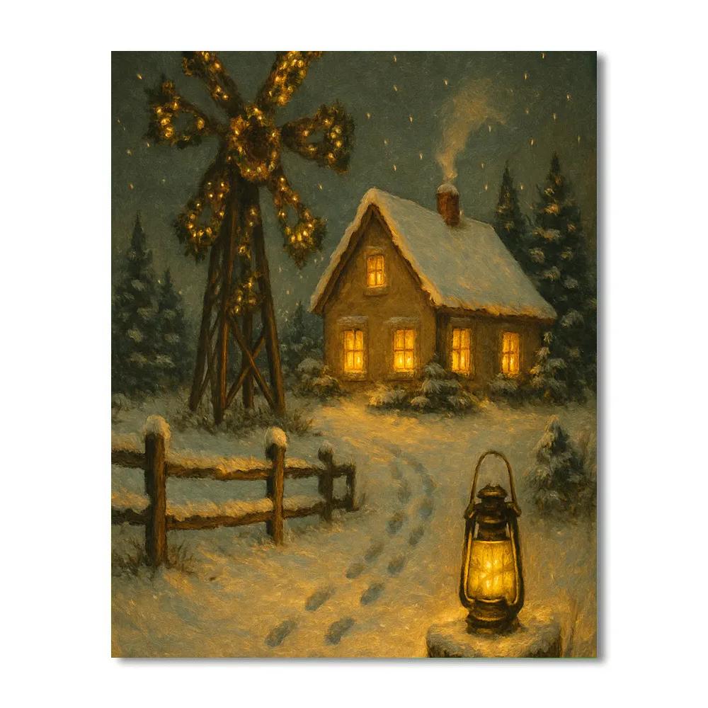Cozy Farmhouse With Wreath Lit Windmill paint by color