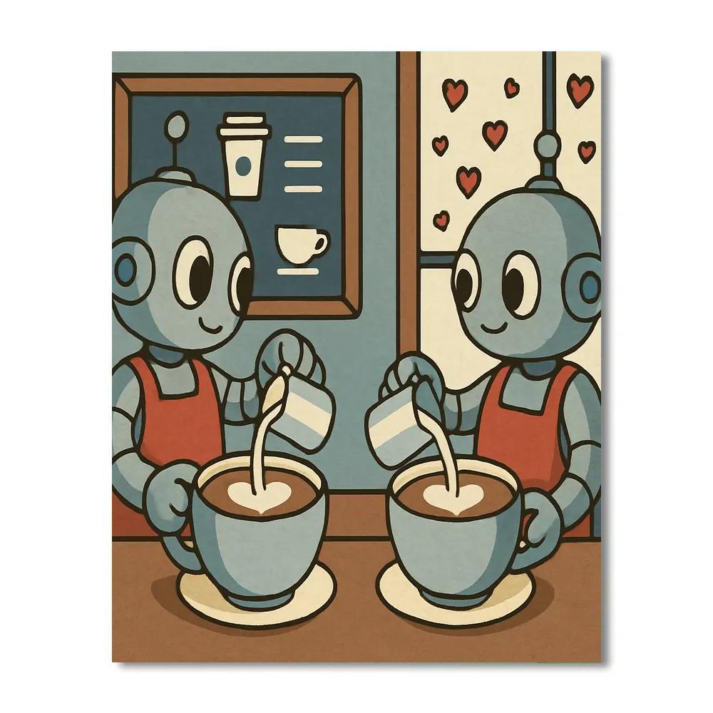 Robot Café Valentines Day Latte Art Duel paint by color