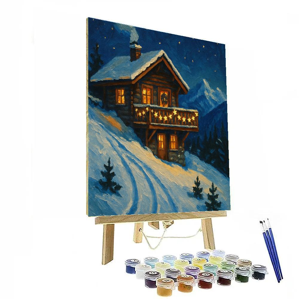 Snowy Mountain Chalet With Star Garland Balcony Paint by numbers art