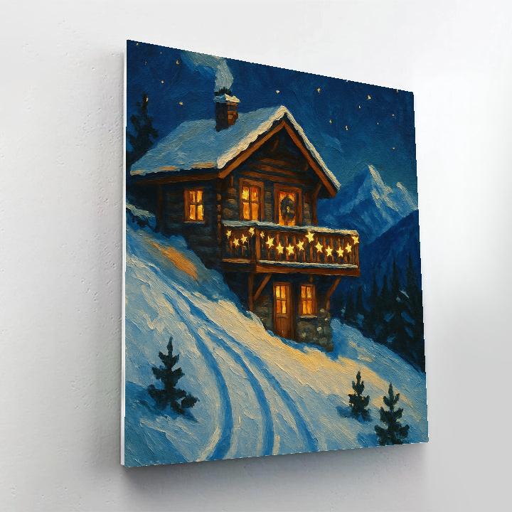 Snowy Mountain Chalet With Star Garland Balcony Paint by numbers art