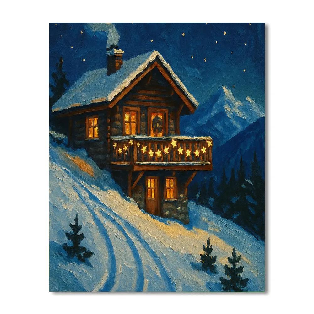 Snowy Mountain Chalet With Star Garland Balcony Paint by numbers art