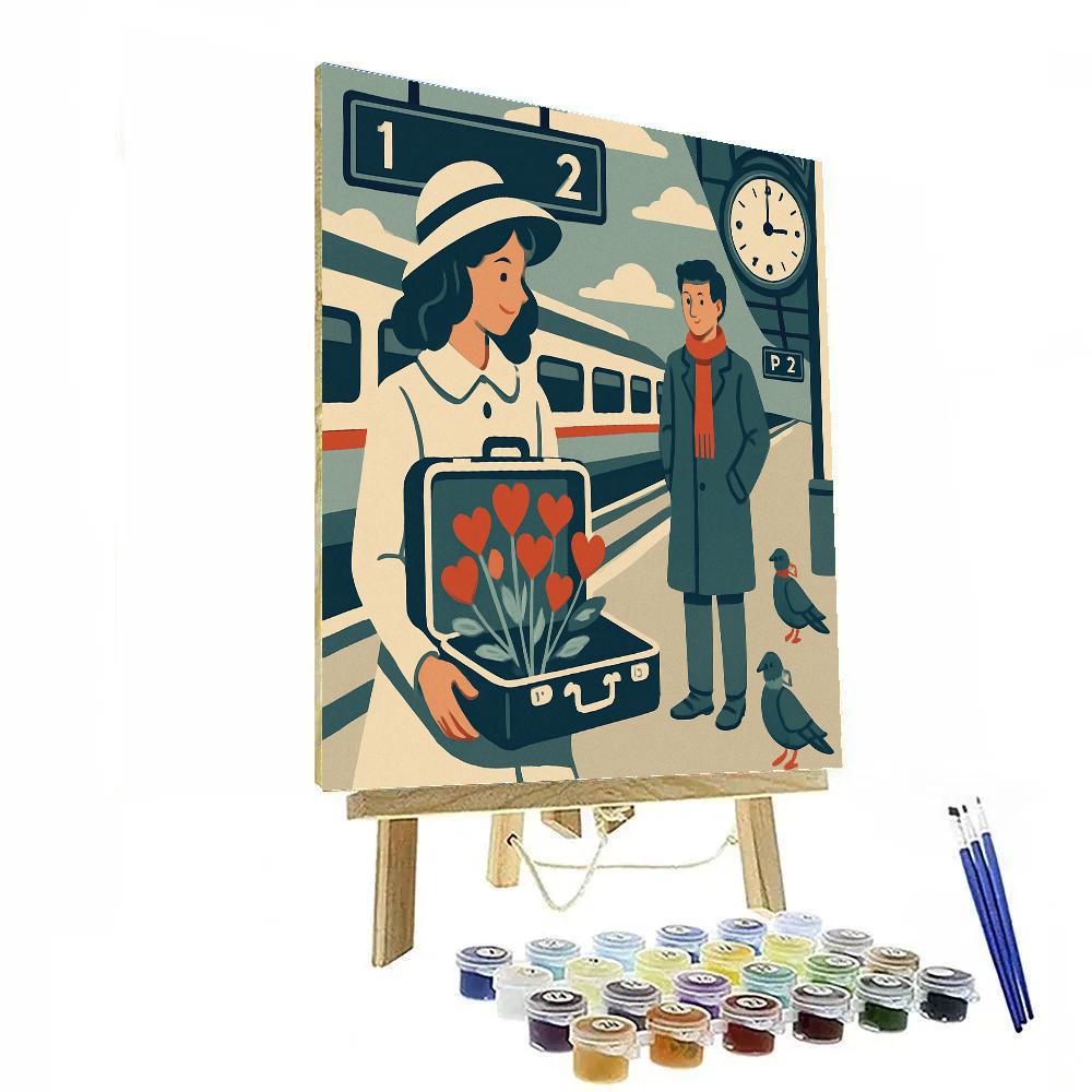 Valentines Day Train Station Suitcase Bouquet Painting by numbers kit