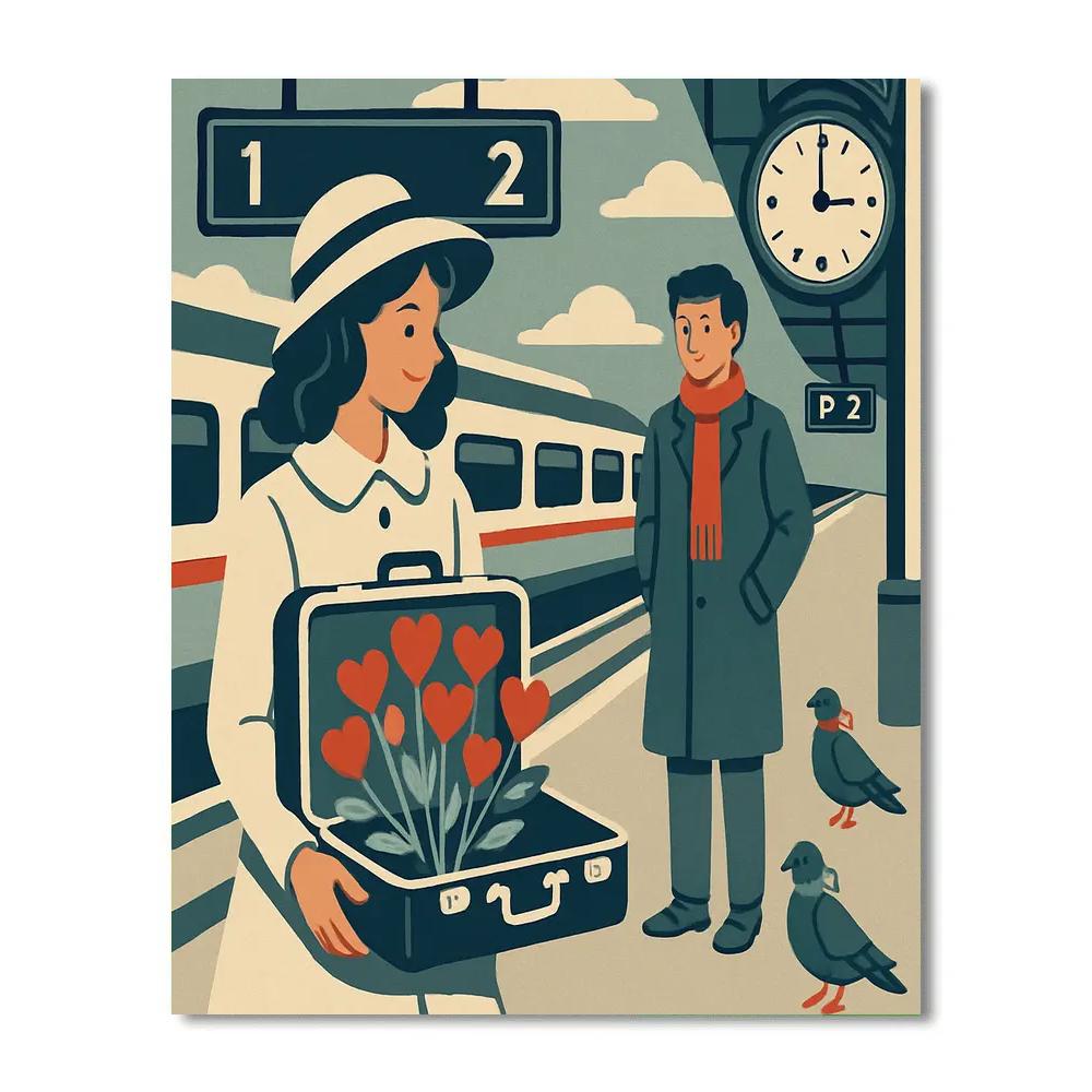 Valentines Day Train Station Suitcase Bouquet Painting by numbers kit