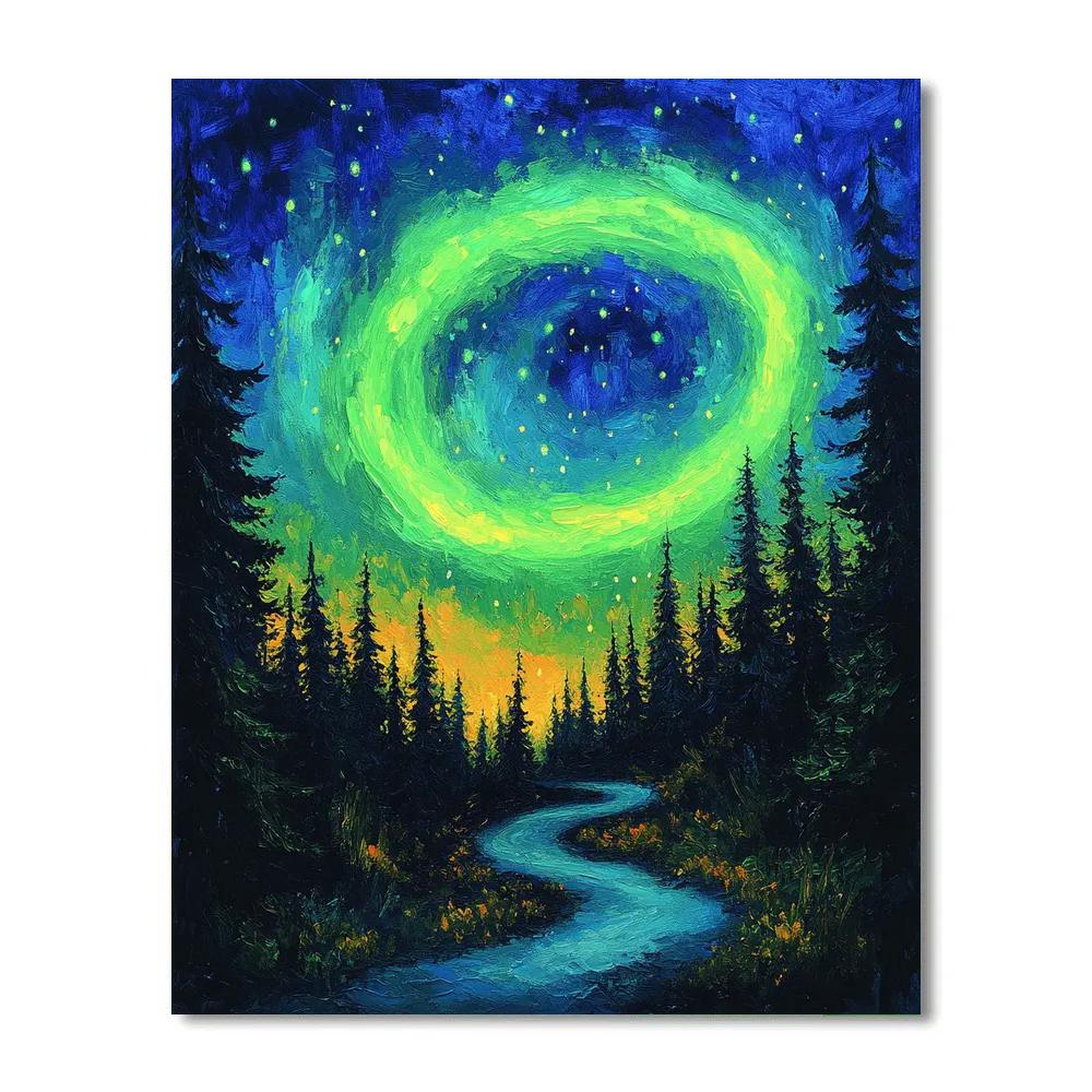 Van Gogh Inspired Aurora Over Pine Forest painting number kit