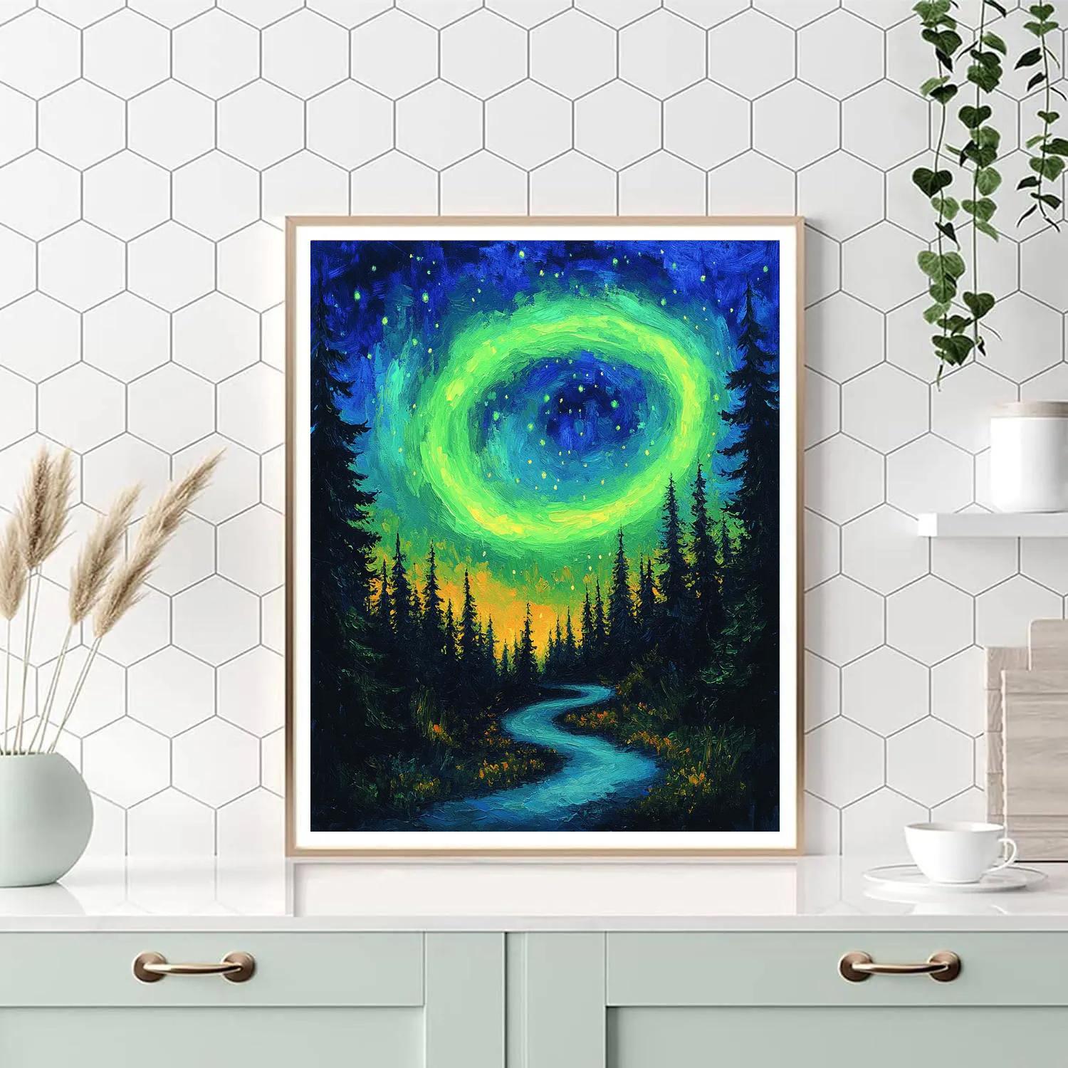 Van Gogh Inspired Aurora Over Pine Forest painting number kit