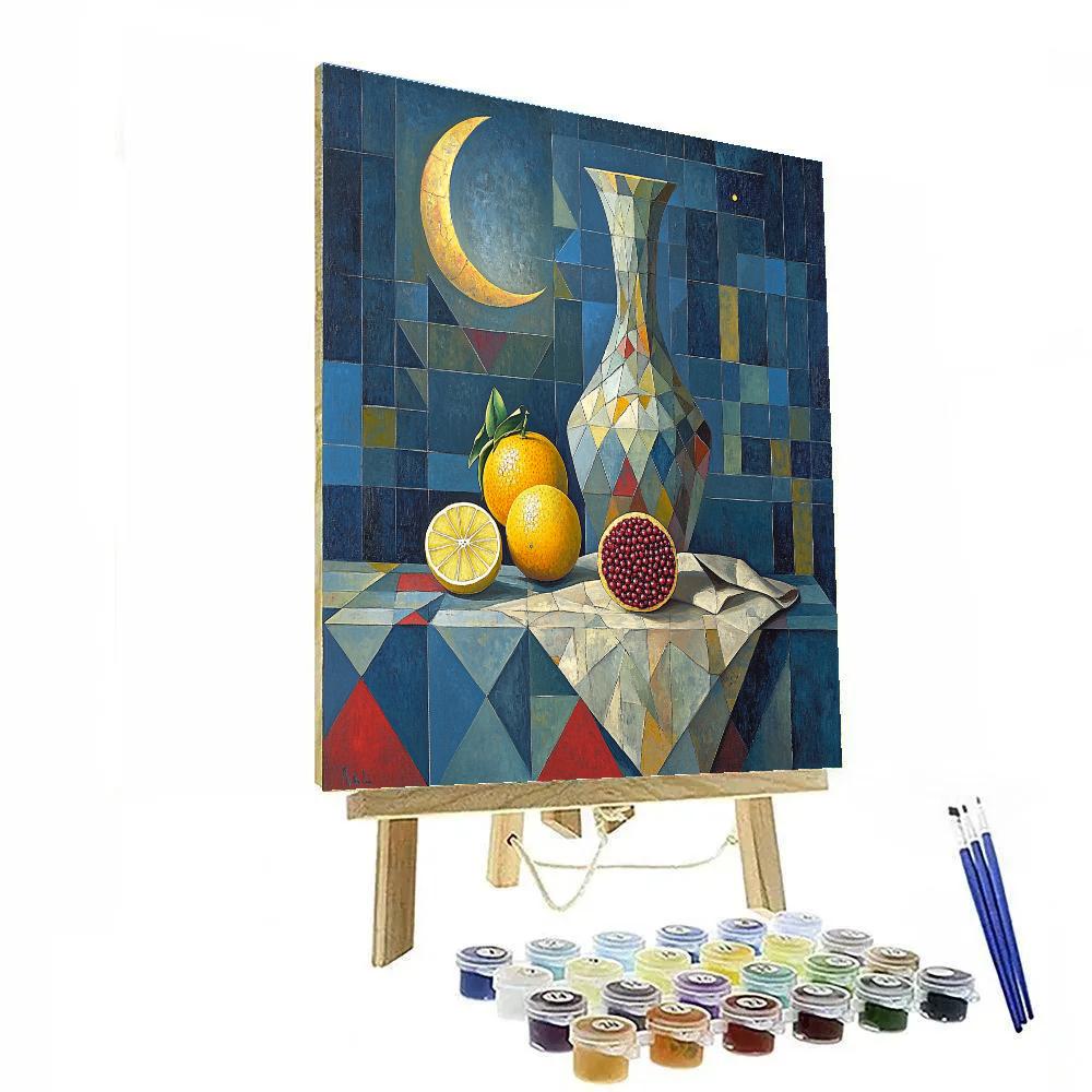 Pablo Picasso Inspired Celestial Still Life Of Faceted Fruit And Vase paint by color