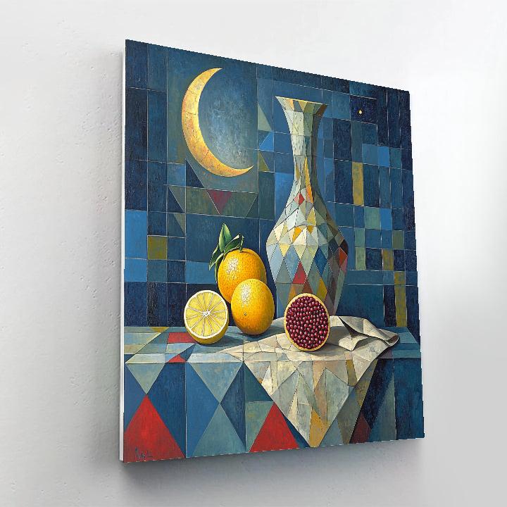Pablo Picasso Inspired Celestial Still Life Of Faceted Fruit And Vase paint by color