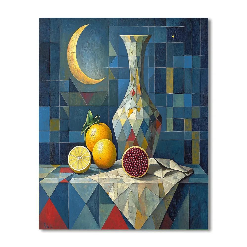 Pablo Picasso Inspired Celestial Still Life Of Faceted Fruit And Vase paint by color